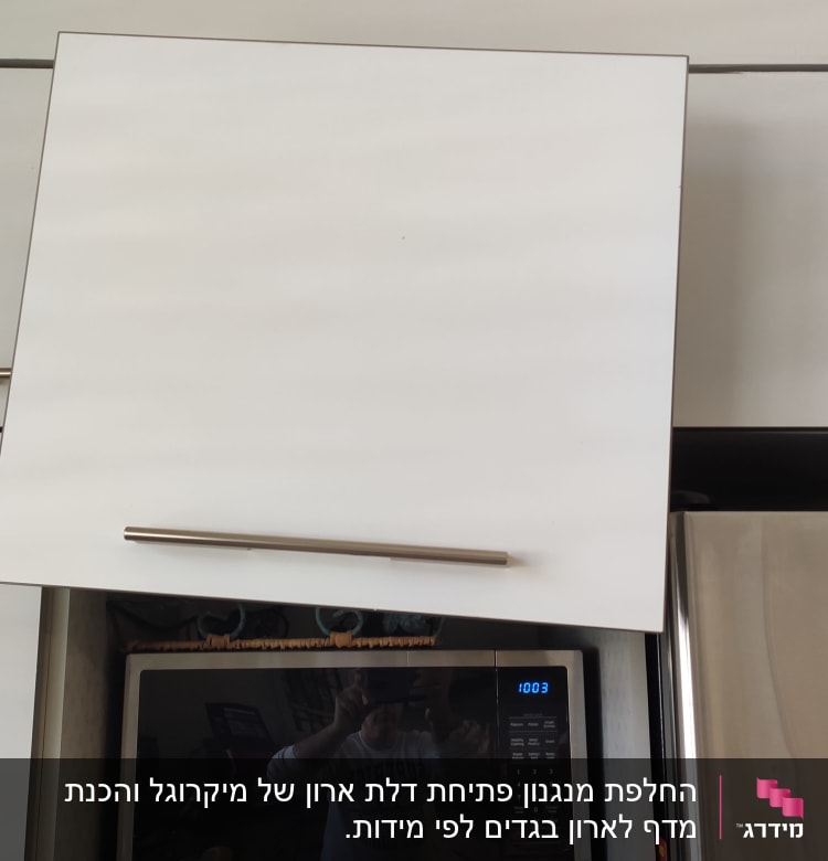 ארון מטבח לבן עם ידיות מתכת מעל מיקרוגל